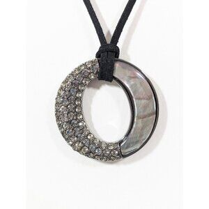 Lia Sophia Gray Shell‎ Rhinestone Round Pendant Necklace Black Cord Beach Boho